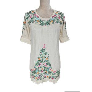 ANNA SUI Womens Tunic Top Size M Embordered Silk Ivory Crew Neck Short SLV 174P